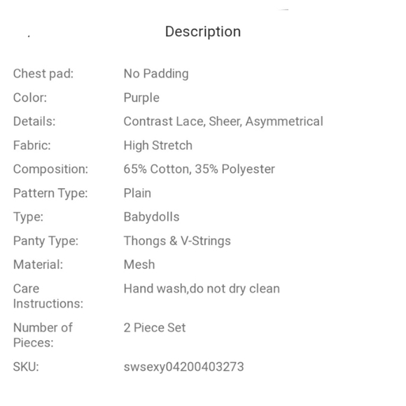 ๐ ๐ Women's Purple Babydoll Sheer Lace Mesh Lingerie with Thong Size Small - Picture 8 of 8